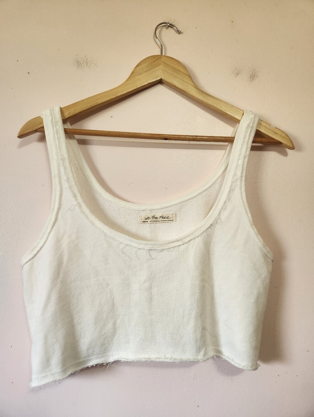 We The Free People White Raw Hem Crop Tank Top Size M Waffle Knit Athleisure EUC